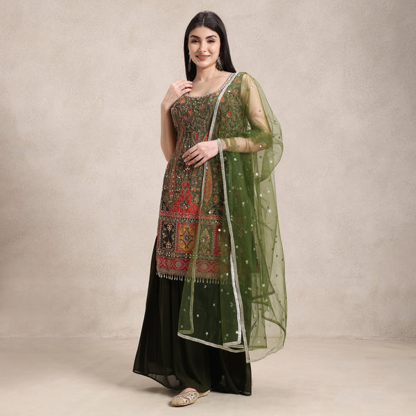 a Radi georgette straight suit with sharara and net dupatta front view