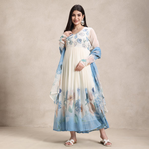 chiffon digital printed and hand embroidery anarkali with printed dupatta and cotton pant