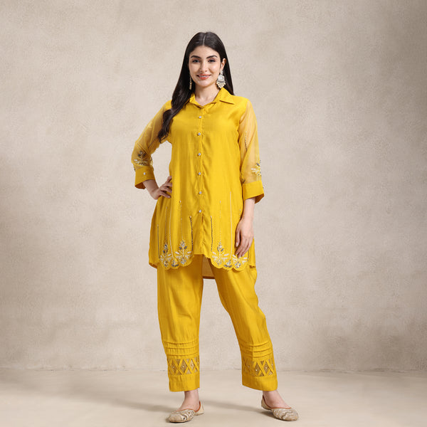 cotton muslin hand work co‑ord set with net sleeves hand work