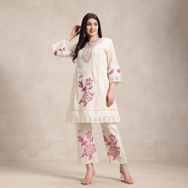 chiffon net printed co‑ord 3pcs set with mirror and pearl work with cotton dupatta