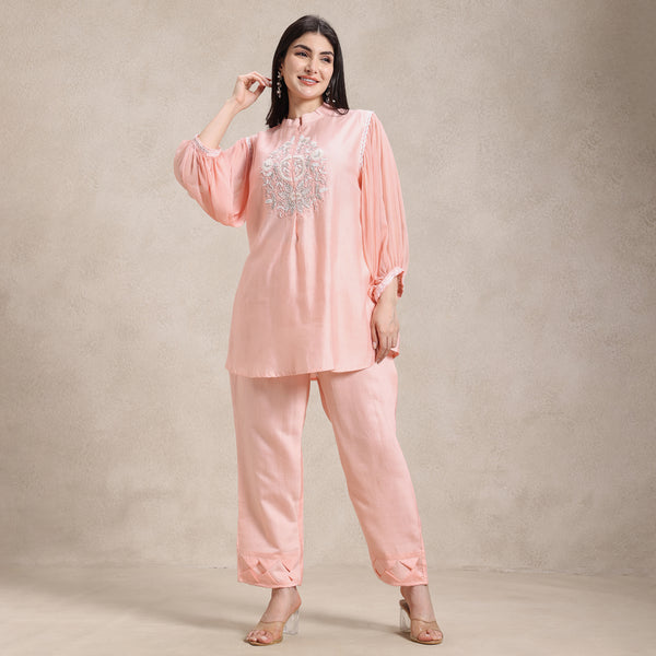 chinon with chiffon designer sleeves co‑ord set front view