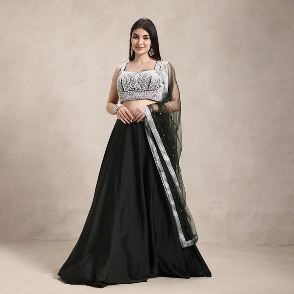 armani satin lehenga with an embroidered belt