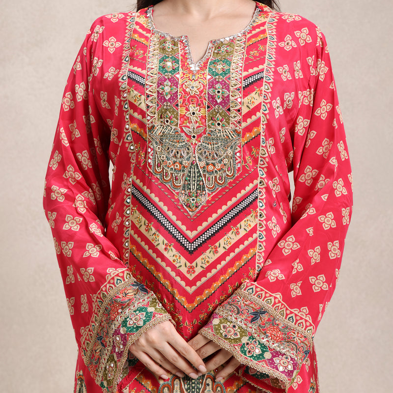 La Radi printed crepe shirt and plazo hand work close‑up