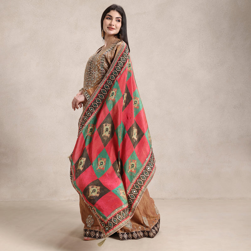 La Radi Shimmer Set | Coding, Hand & Gotta Work, Crepe Print Dupatta