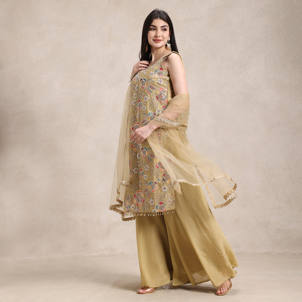 La Radi fandy satin straight suit with bell bottom plazo and net dupatta front view