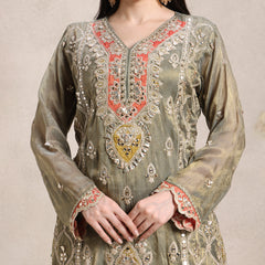 La Radi shimmer gharara set with gotta patti neckline close‑up