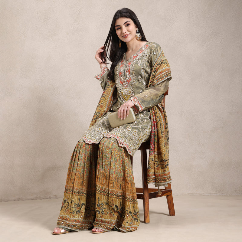 La Radi crushed printed dupatta with shimmer gharara set