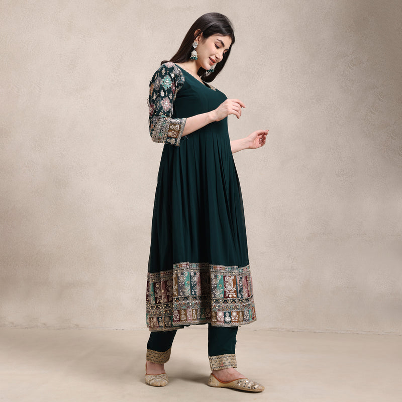 La Radi lightweight georgette Anarkali with embroidered pants and lace edged net dupatta