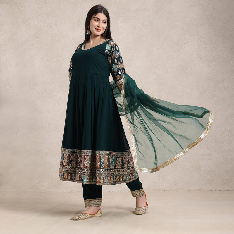 La Radi women’s embroidered pant Anarkali set with net dupatta four side lace