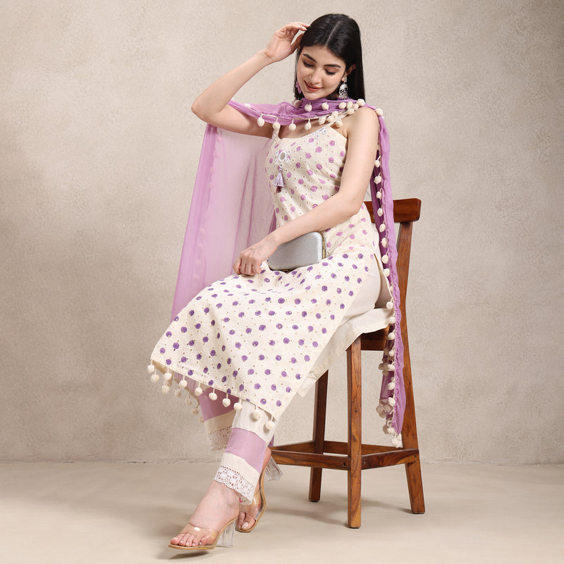 La Radi | Lawn Cotton Pom Pom Suit | Chiffon Pom Pom Dupatta Lavender