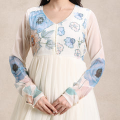 party wear chiffon digital print suit with hand embroidered neckline