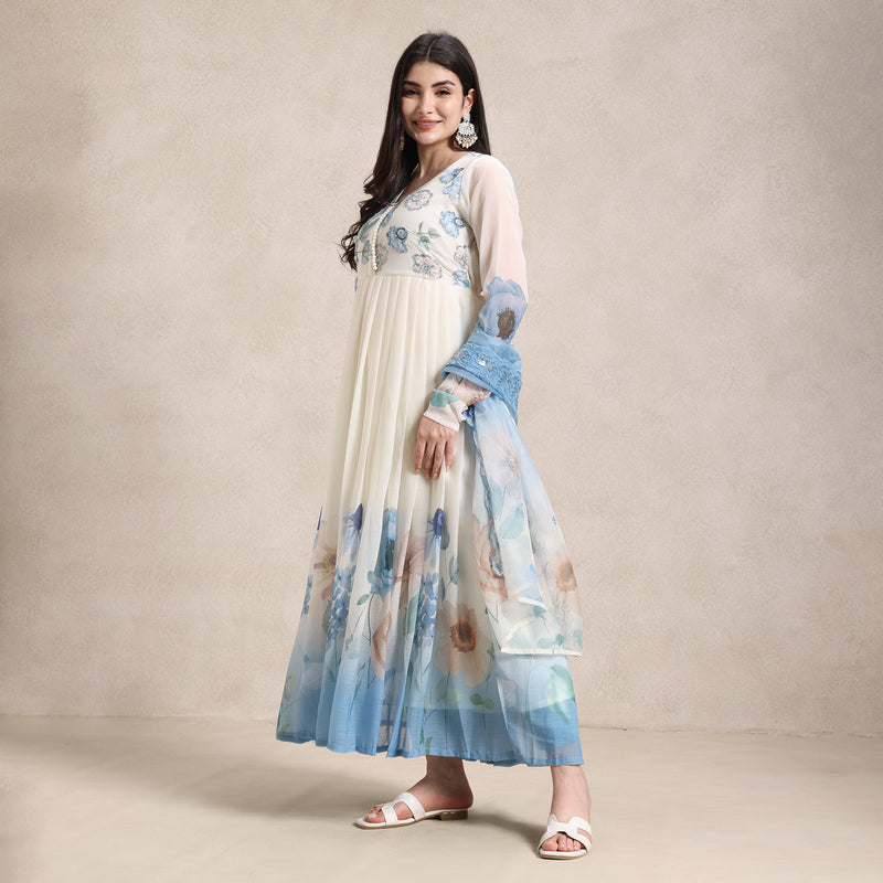 La Radi | Chiffon Digital Print Anarkali | Hand Embroidery, Cotton Pant