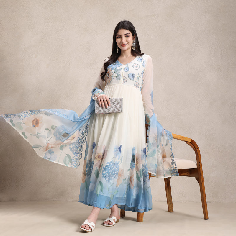 women’s chiffon digital print anarkali with hand embroidery detail