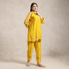 La Radi | Cotton Muslin Co‑ord Set | Hand Work, Net Sleeves Mustard Yellow Embroidered