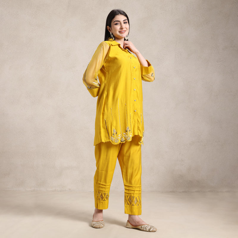 La Radi | Cotton Muslin Co‑ord Set | Hand Work, Net Sleeves Mustard Yellow Embroidered