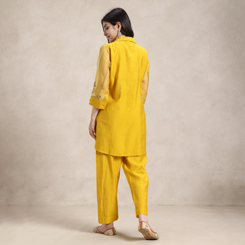 La Radi | Cotton Muslin Co‑ord Set | Hand Work, Net Sleeves Mustard Yellow Embroidered