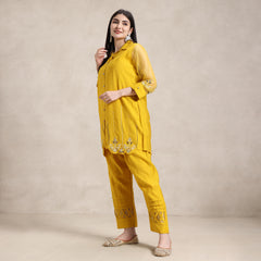 La Radi | Cotton Muslin Co‑ord Set | Hand Work, Net Sleeves Mustard Yellow Embroidered
