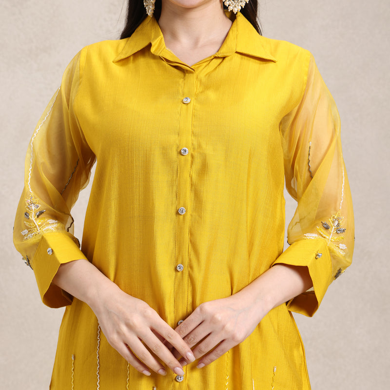 women’s muslin co‑ord with sheer net sleeve embroidery side profile