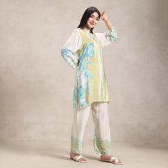 digital printed crepe co‑ord set Gulmohar Grace neckline detail