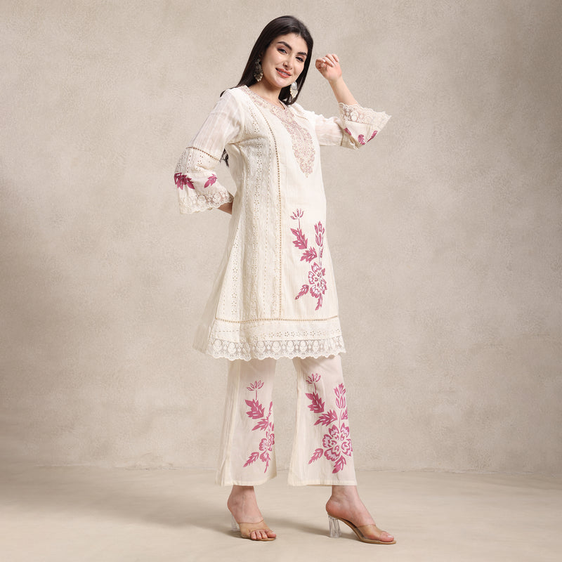 La Radi | Chiffon Net Printed Co‑ord 3‑Pc | Pearl Work Cotton Dupatta