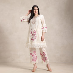 chiffon net printed co‑ord 3pcs set with mirror and pearl work with cotton dupatta