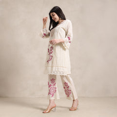  printed co‑ord set with cotton dupatta drape detail