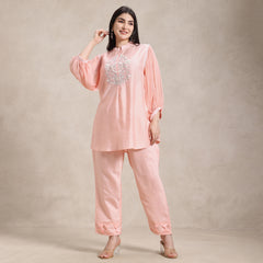 chinon with chiffon designer sleeves co‑ord set front view