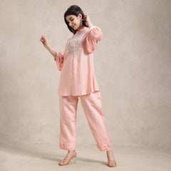La Radi | Chinon Co‑ord Set | Chiffon Designer Sleeves Rosé Bloom Co-ord Set