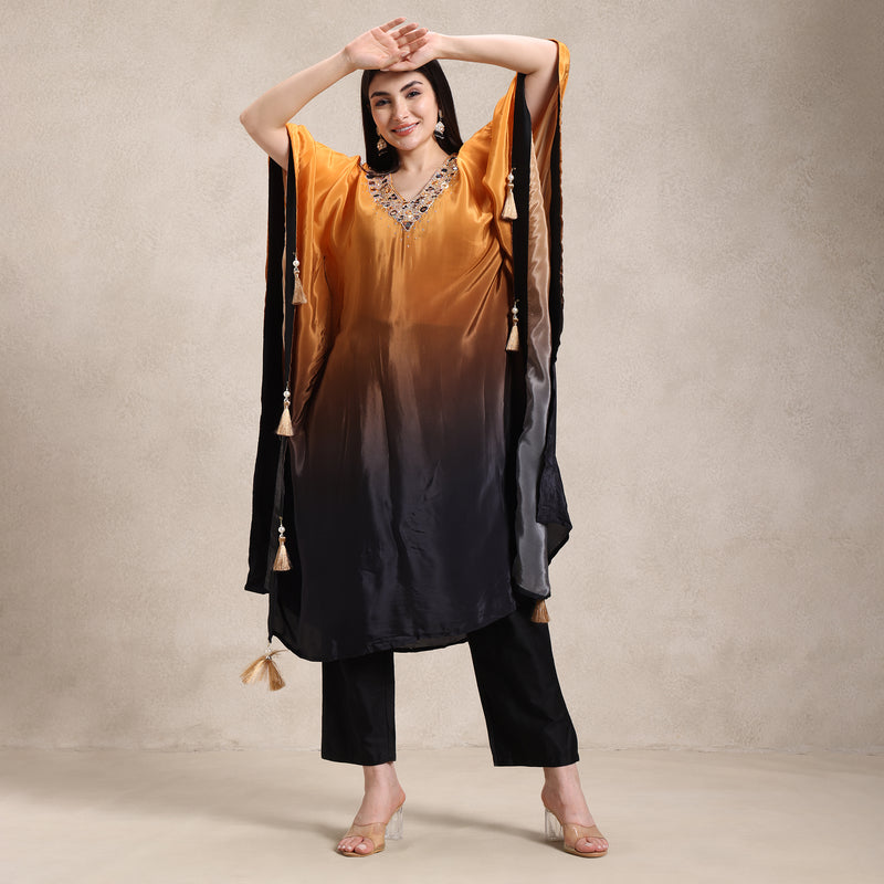 La Radi | Pure Crepe Double Shaded Kaftan | Hand & Mirror Work