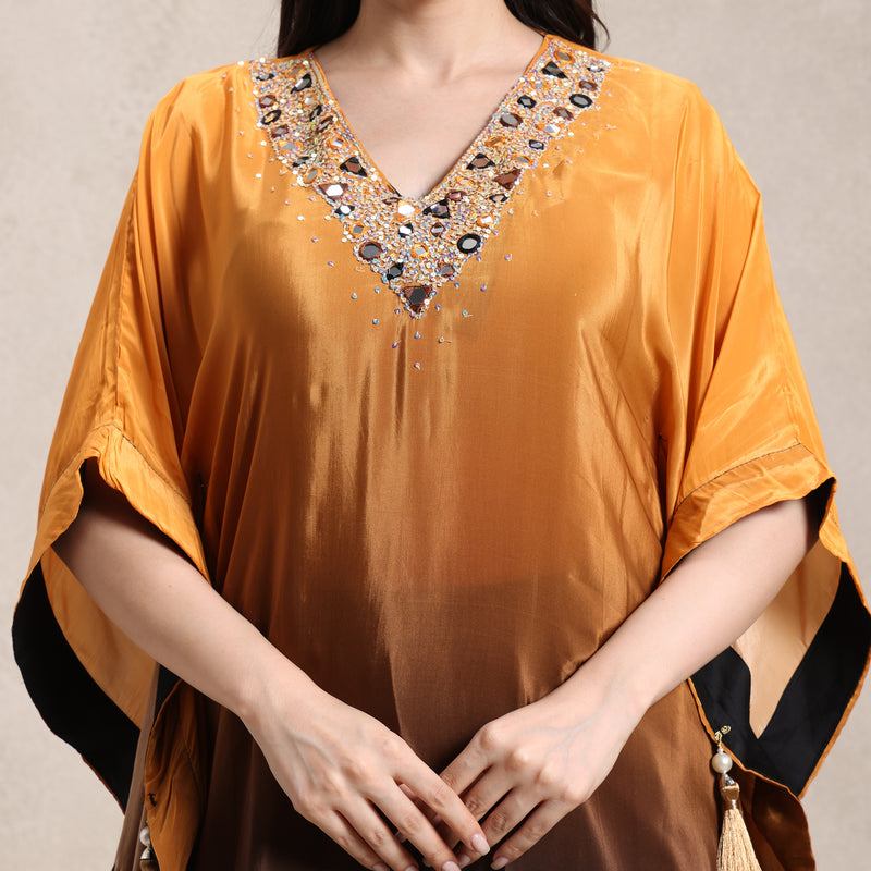 La Radi | Pure Crepe Double Shaded Kaftan | Hand & Mirror Work