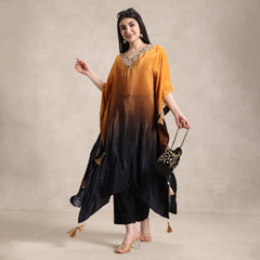 La Radi | Pure Crepe Double Shaded Kaftan | Hand & Mirror Work