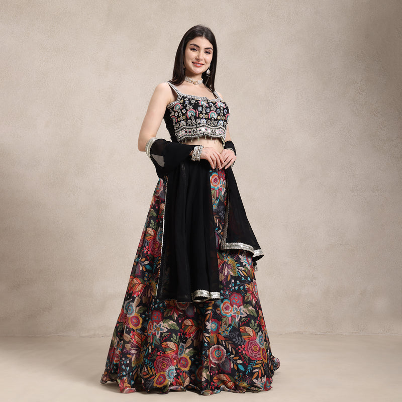La Radi wedding guest digital print georgette lehenga with four sided lace dupatta
