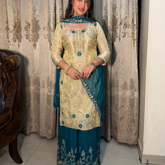 La Radi | Georgette Plazo & Shimmer Shirt Set with Pure Hand Work and Embroidered Dupatta