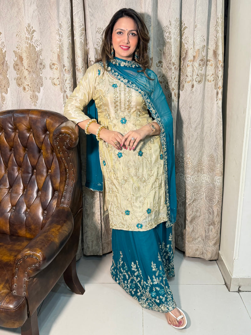 La Radi | Georgette Plazo & Shimmer Shirt Set with Pure Hand Work and Embroidered Dupatta