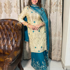 La Radi | Georgette Plazo & Shimmer Shirt Set with Pure Hand Work and Embroidered Dupatta