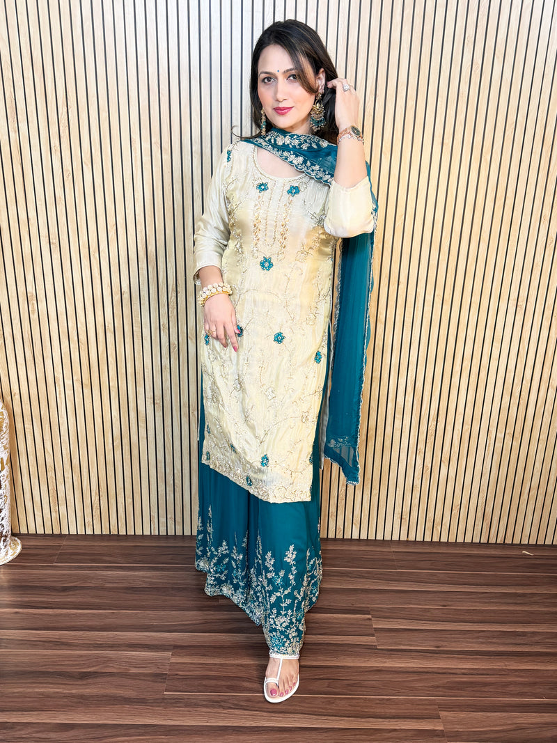 La Radi | Georgette Plazo & Shimmer Shirt Set with Pure Hand Work and Embroidered Dupatta