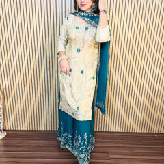 La Radi | Georgette Plazo & Shimmer Shirt Set with Pure Hand Work and Embroidered Dupatta