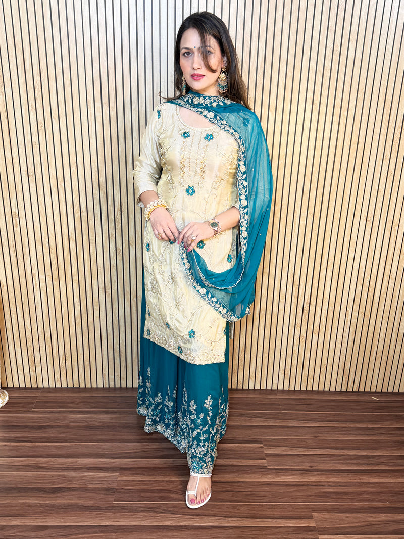 La Radi | Georgette Plazo & Shimmer Shirt Set with Pure Hand Work and Embroidered Dupatta