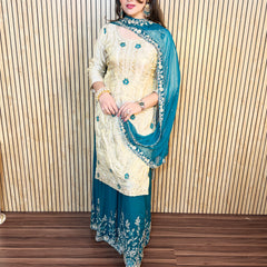 La Radi | Georgette Plazo & Shimmer Shirt Set with Pure Hand Work and Embroidered Dupatta