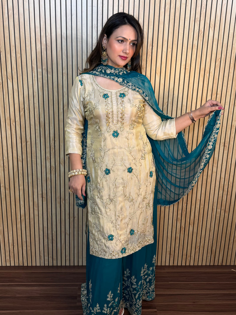 La Radi | Georgette Plazo & Shimmer Shirt Set with Pure Hand Work and Embroidered Dupatta