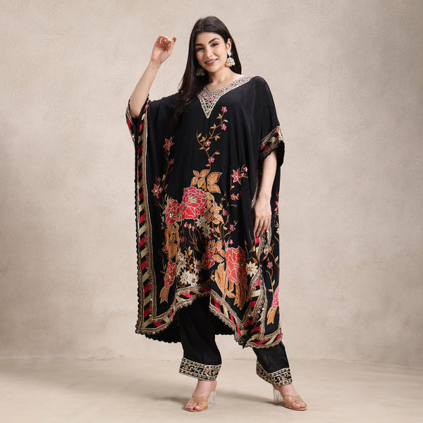 La Radi printed crepe peplum kaftan with pants gota patti work