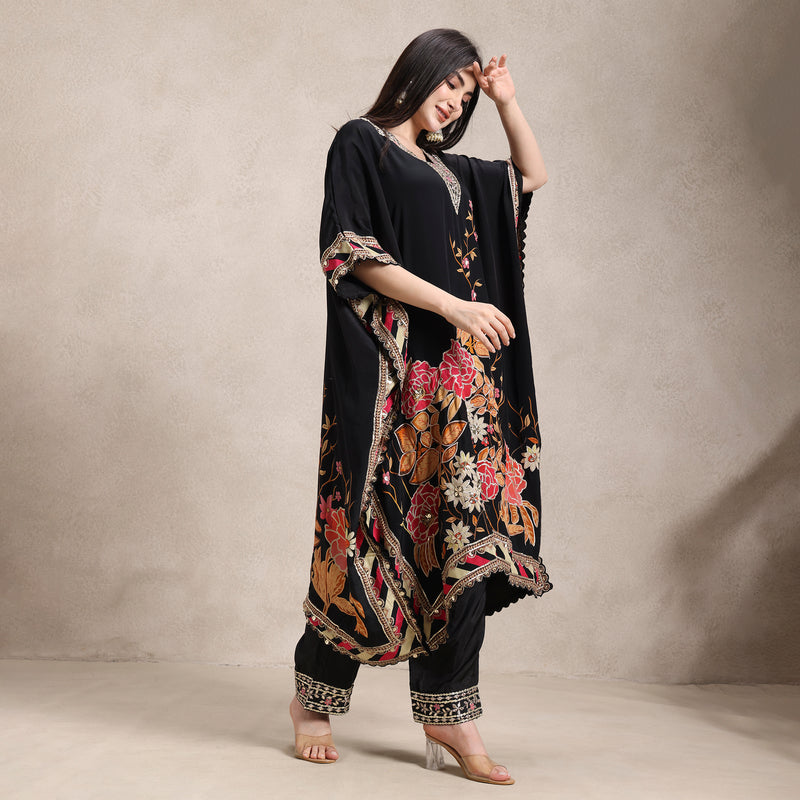 v‑neck printed kaftan co‑ord set for mehendi and Diwali